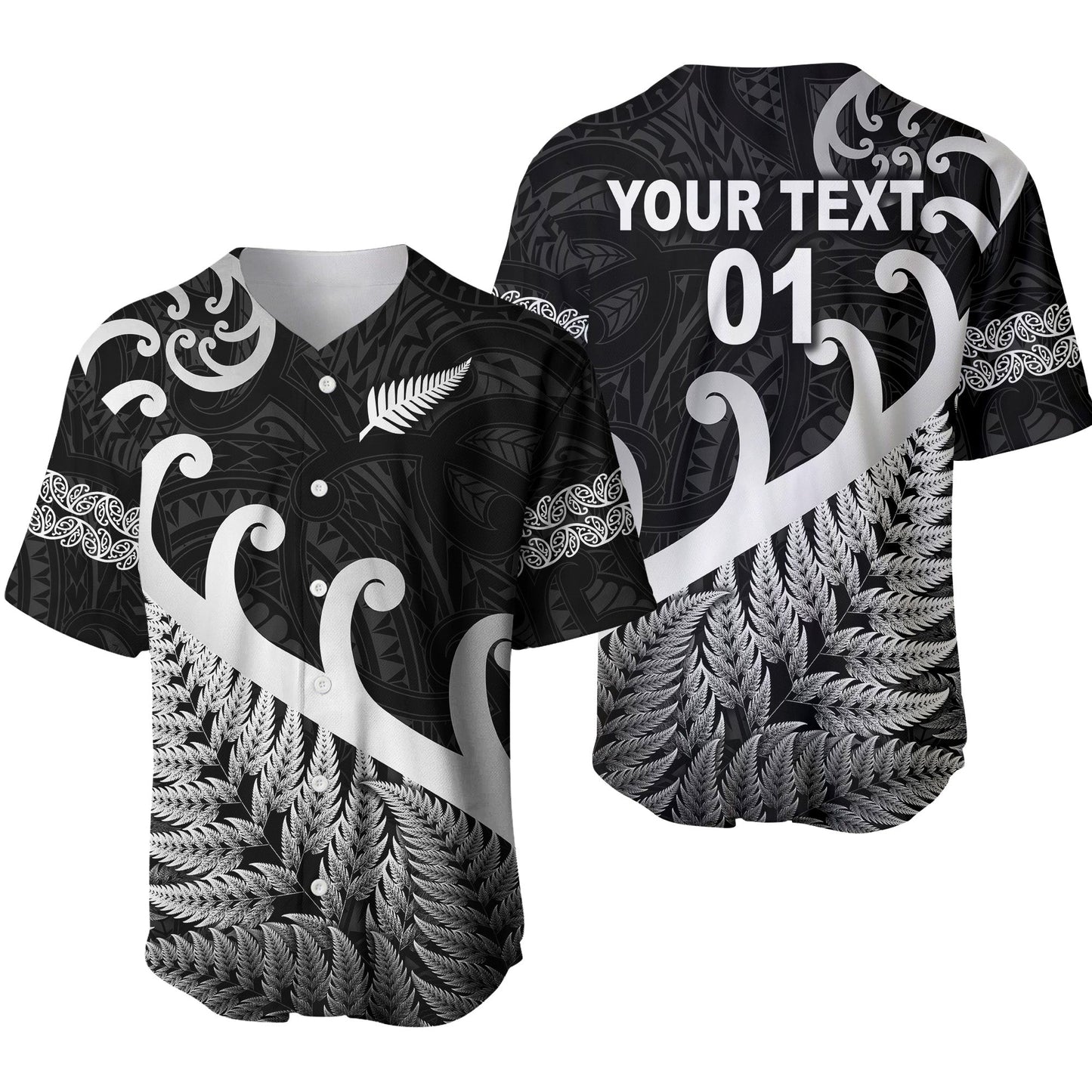 (Custom Personalised) New Zealand Rugby Maori Baseball Jersey Silver Fern Koru Vibes Black