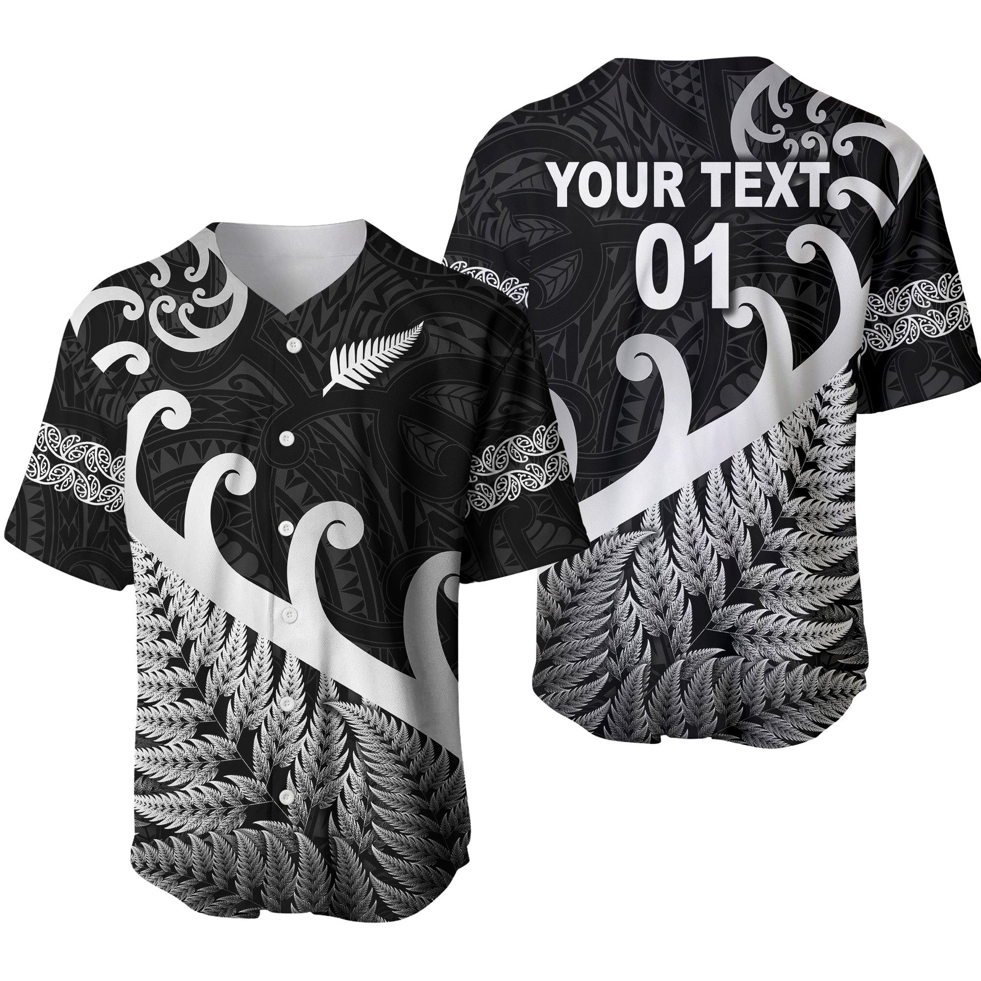 (Custom Personalised) New Zealand Rugby Maori Baseball Jersey Silver Fern Koru Vibes Black