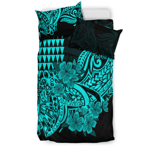 Hawaii Kakau Bedding Set Polynesian Floral Tribal Aqua Version