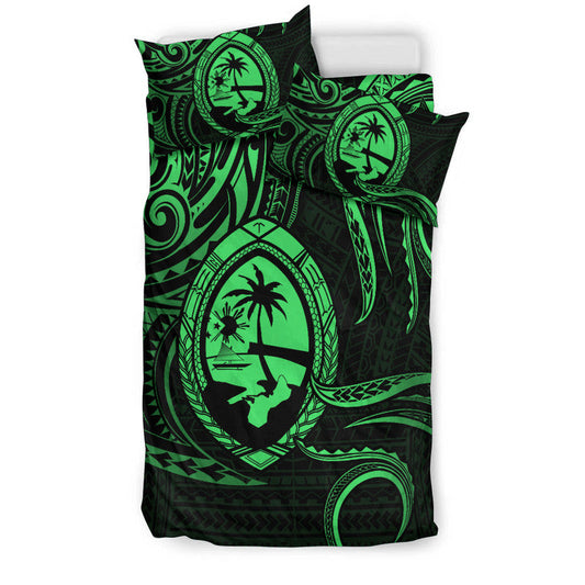 Polynesian Pride Guam With Polynesian Tribal Tattoo and Coat of Arms Bedding Set Green Version