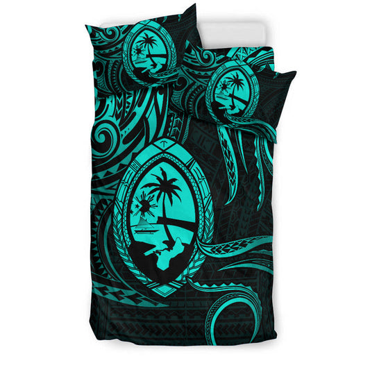 Polynesian Pride Guam With Polynesian Tribal Tattoo and Coat of Arms Bedding Set Turquoise Version