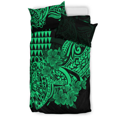 Hawaii Kakau Bedding Set Polynesian Floral Tribal Green Version