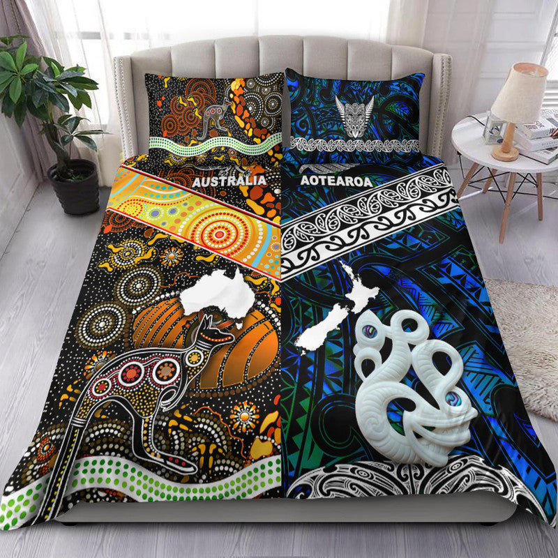 New Zealand Maori Aotearoa And Australia Aboriginal Bedding Set Together Blue