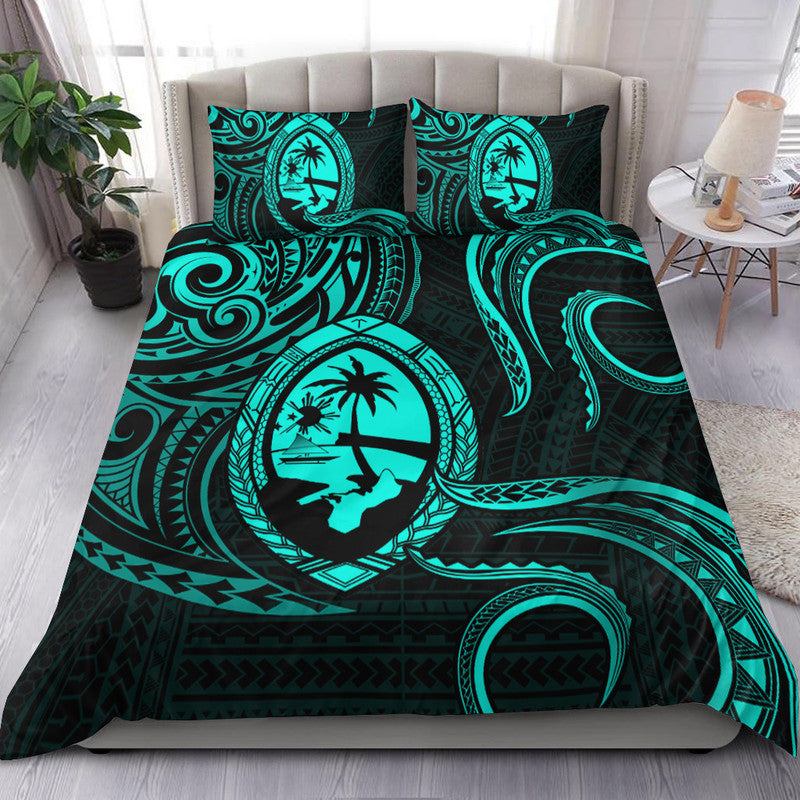 Polynesian Pride Guam With Polynesian Tribal Tattoo and Coat of Arms Bedding Set Turquoise Version