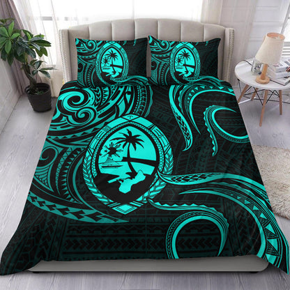 Polynesian Pride Guam With Polynesian Tribal Tattoo and Coat of Arms Bedding Set Turquoise Version