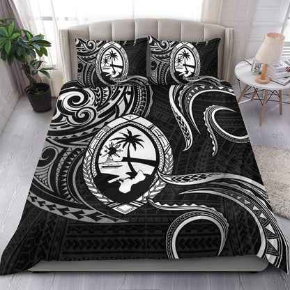 Polynesian Pride Guam With Polynesian Tribal Tattoo and Coat of Arms Bedding Set Black Version