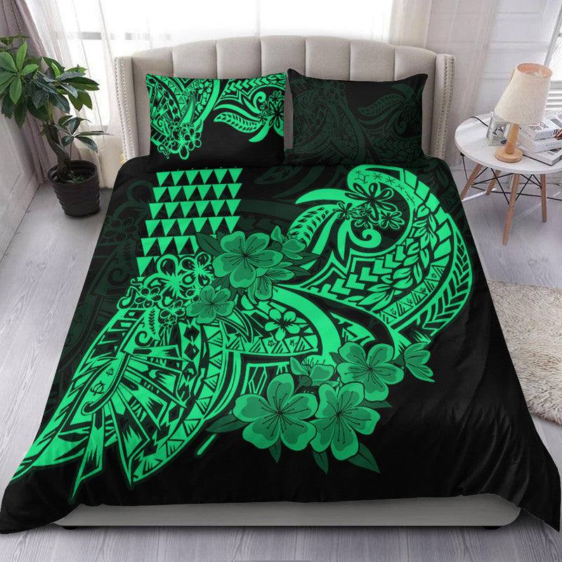 Hawaii Kakau Bedding Set Polynesian Floral Tribal Green Version