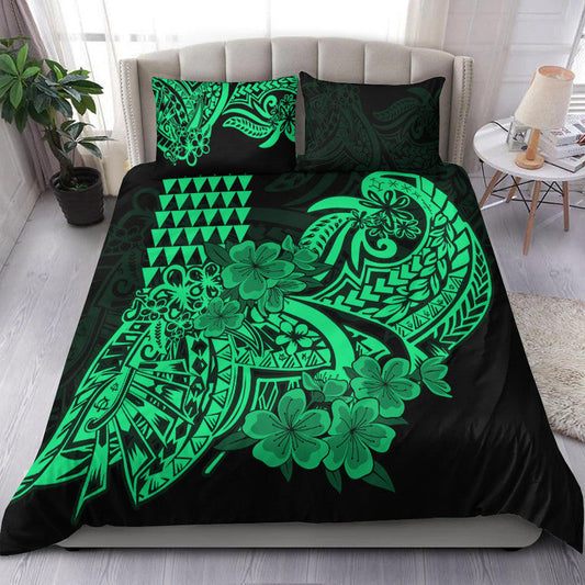 Hawaii Kakau Bedding Set Polynesian Floral Tribal Green Version