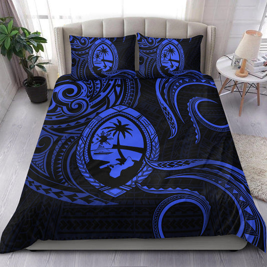 Polynesian Pride Guam With Polynesian Tribal Tattoo and Coat of Arms Bedding Set Blue Version