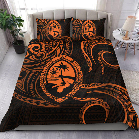 Polynesian Pride Guam With Polynesian Tribal Tattoo and Coat of Arms Bedding Set Orange Version