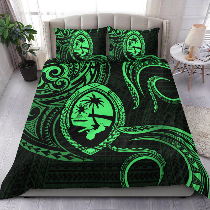 Polynesian Pride Guam With Polynesian Tribal Tattoo and Coat of Arms Bedding Set Green Version