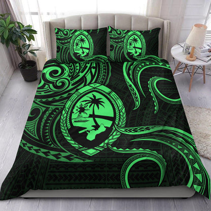 Polynesian Pride Guam With Polynesian Tribal Tattoo and Coat of Arms Bedding Set Green Version