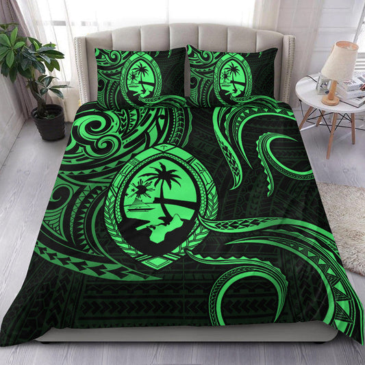 Polynesian Pride Guam With Polynesian Tribal Tattoo and Coat of Arms Bedding Set Green Version