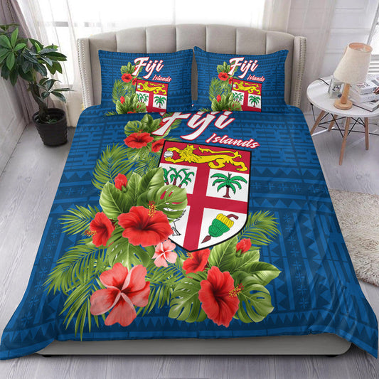 Fiji Islands Bedding Set Tropical Flowers and Tapa Pattern