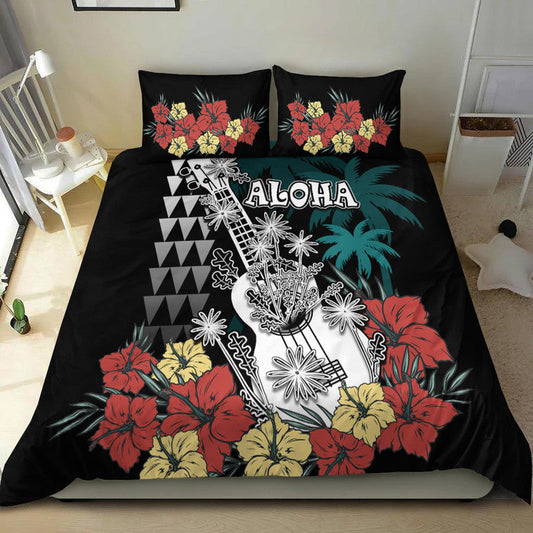 Hawaii Ukulele Mix Hibiscus and Coconut Tree Bedding Set Aloha Vintage Black Version