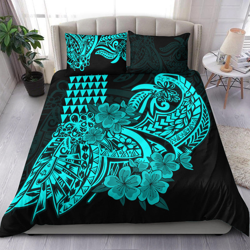 Hawaii Kakau Bedding Set Polynesian Floral Tribal Aqua Version