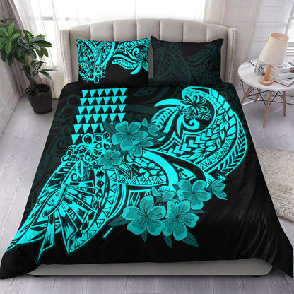 Hawaii Kakau Bedding Set Polynesian Floral Tribal Aqua Version