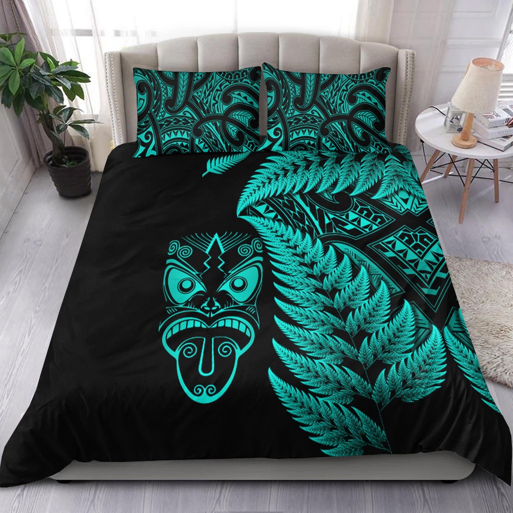 New Zealand Haka Rugby Maori Bedding Set Silver Fern Vibes Turquoise