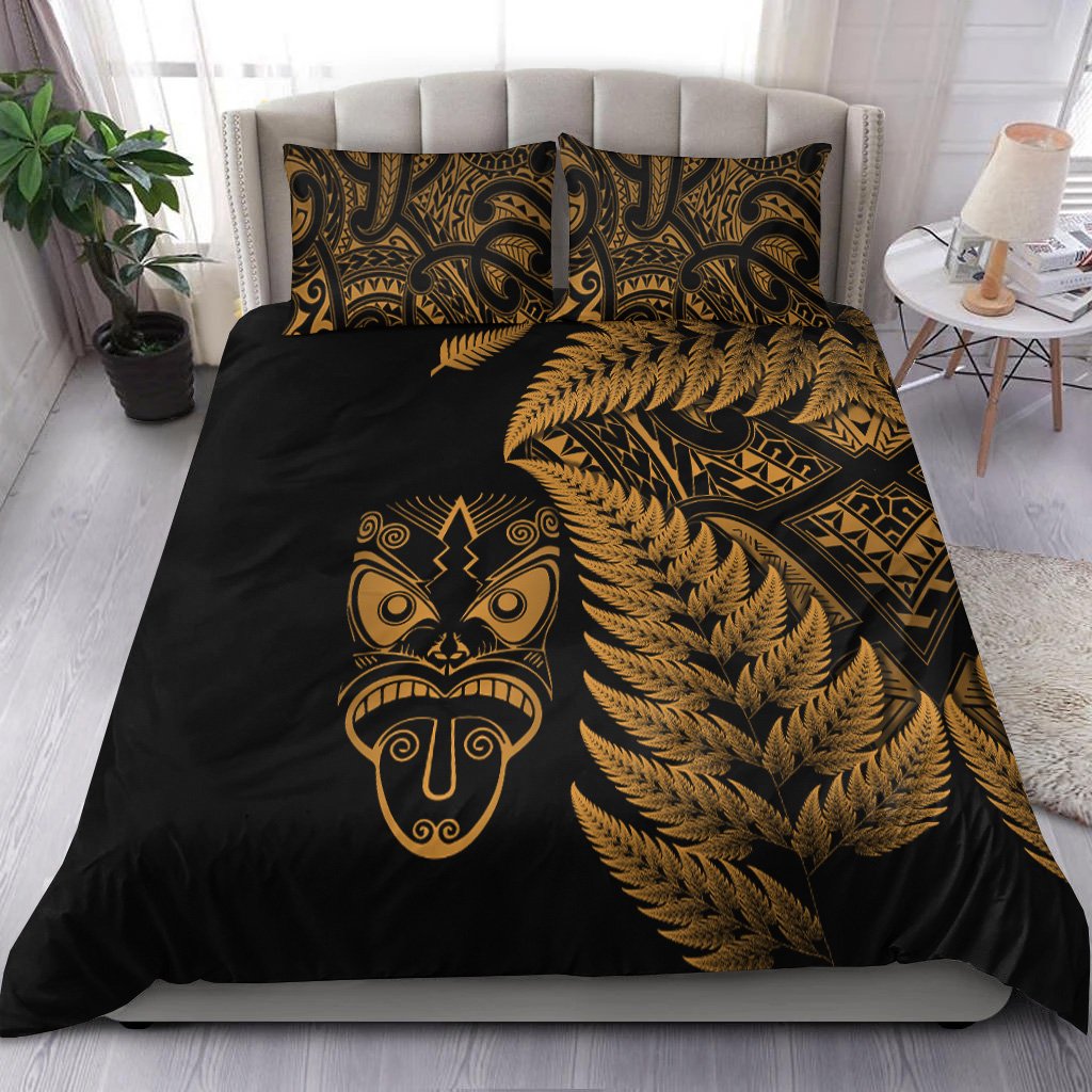 New Zealand Haka Rugby Maori Bedding Set Silver Fern Vibes Gold