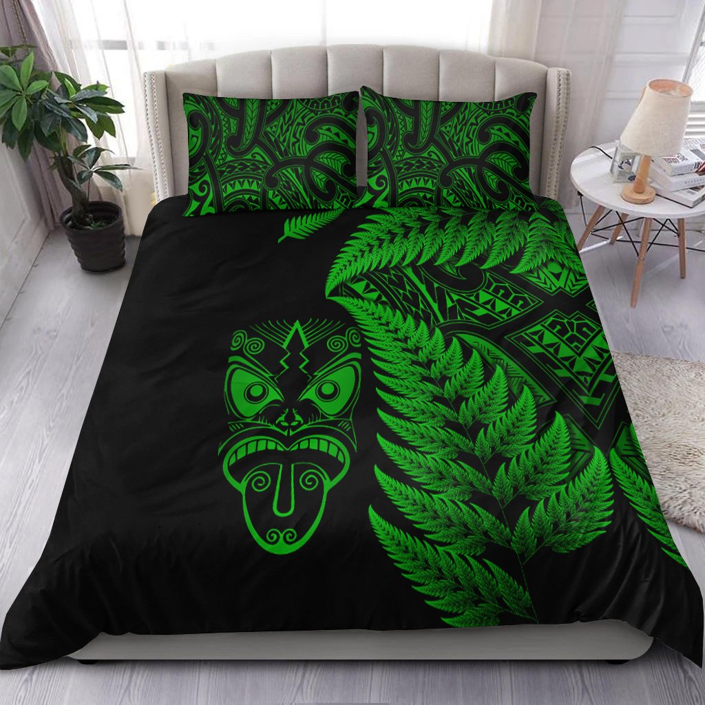 New Zealand Haka Rugby Maori Bedding Set Silver Fern Vibes Green
