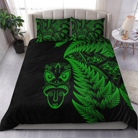 New Zealand Haka Rugby Maori Bedding Set Silver Fern Vibes Green