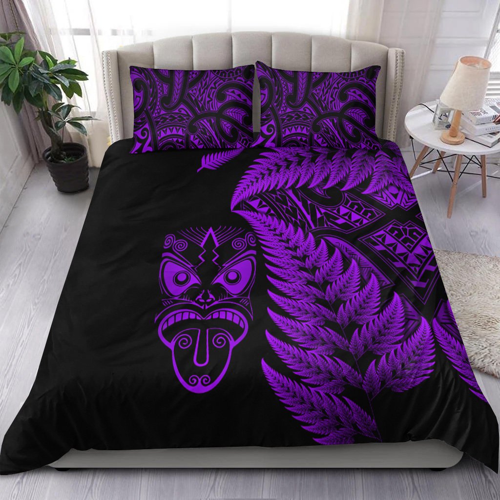 New Zealand Haka Rugby Maori Bedding Set Silver Fern Vibes Purple