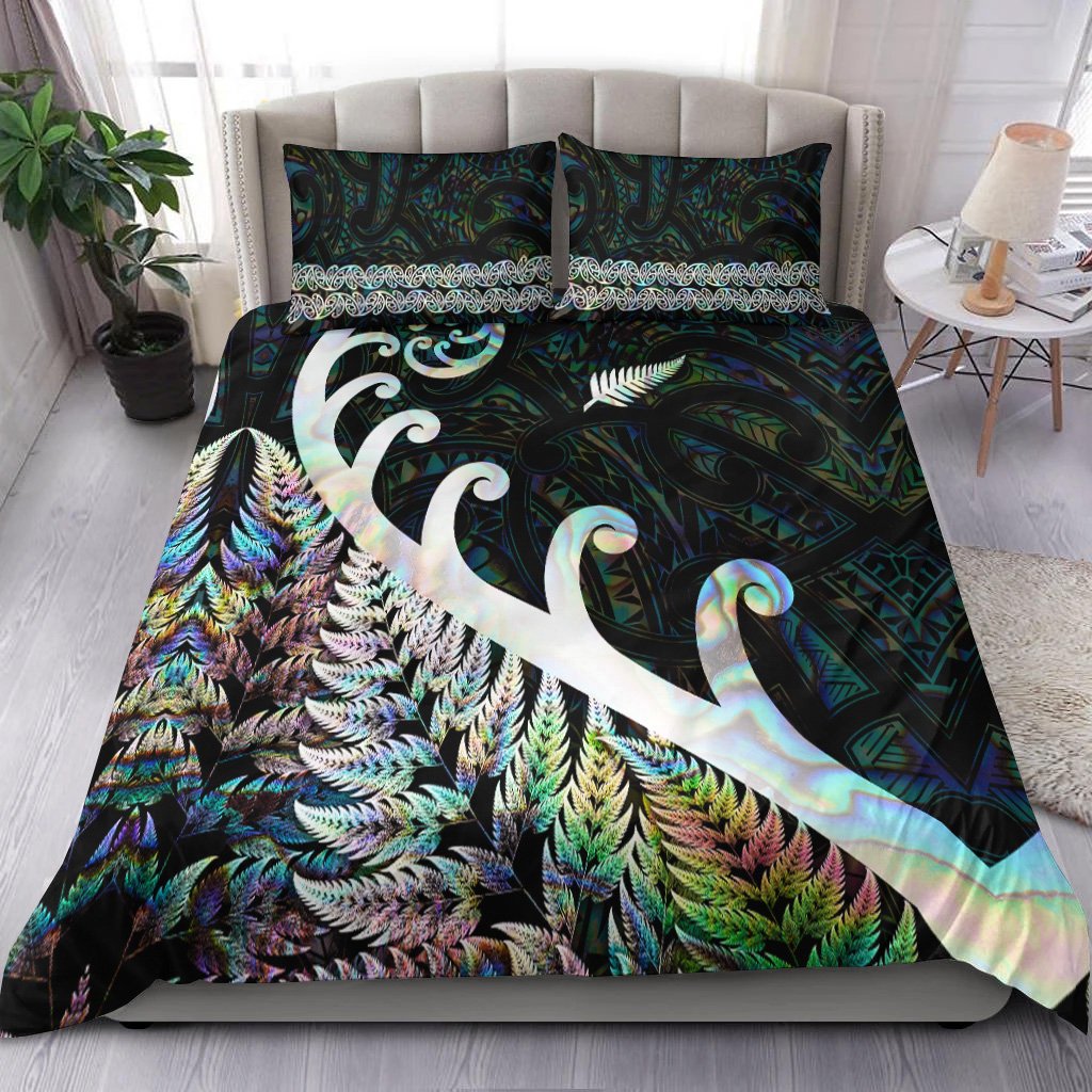 New Zealand Rugby Maori Bedding Set Silver Fern Koru Vibes Paua Shell
