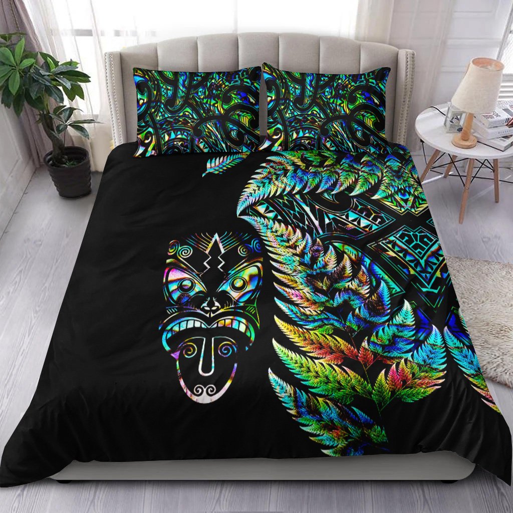 New Zealand Haka Rugby Maori Bedding Set Silver Fern Vibes Paua Shell