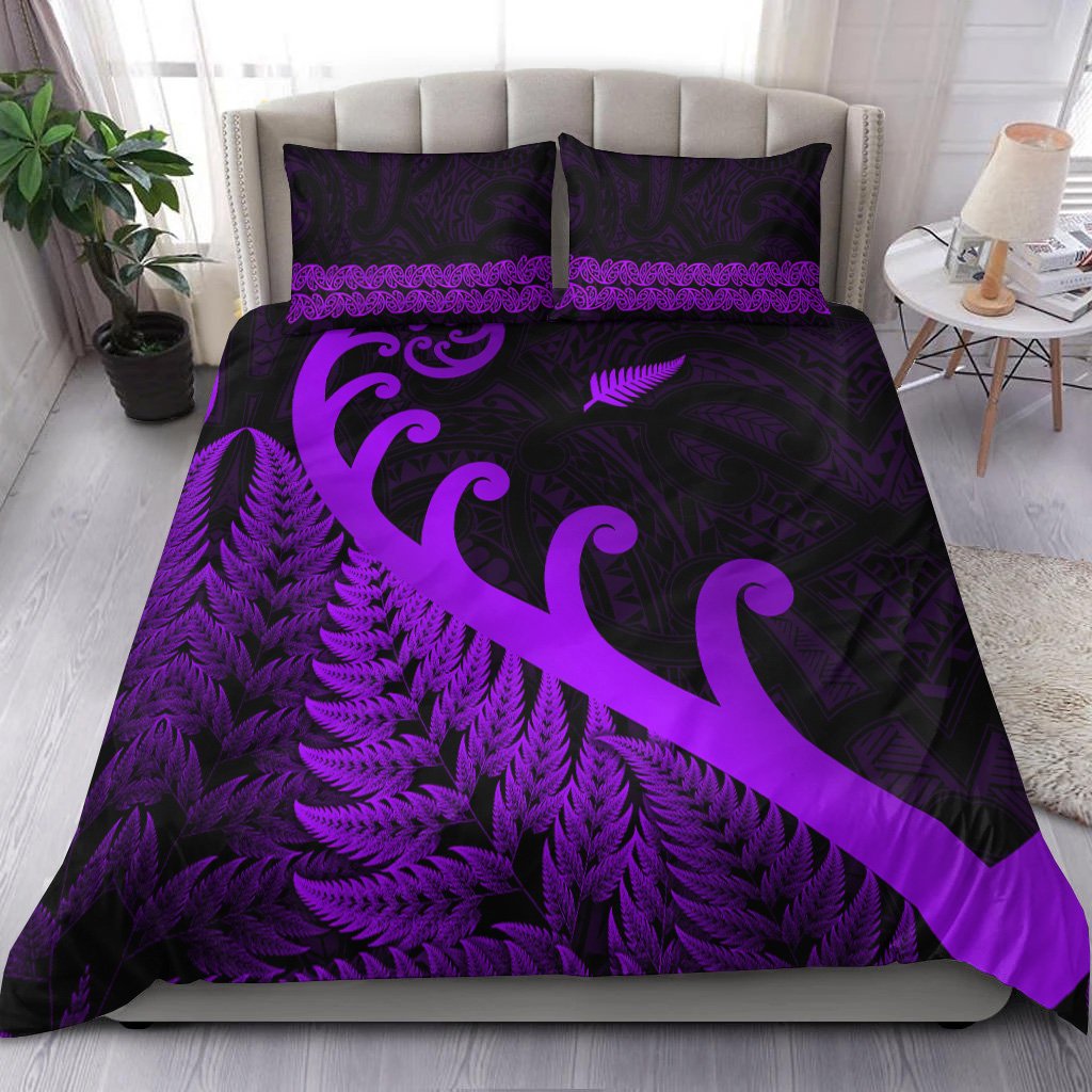 New Zealand Rugby Maori Bedding Set Silver Fern Koru Vibes Purple