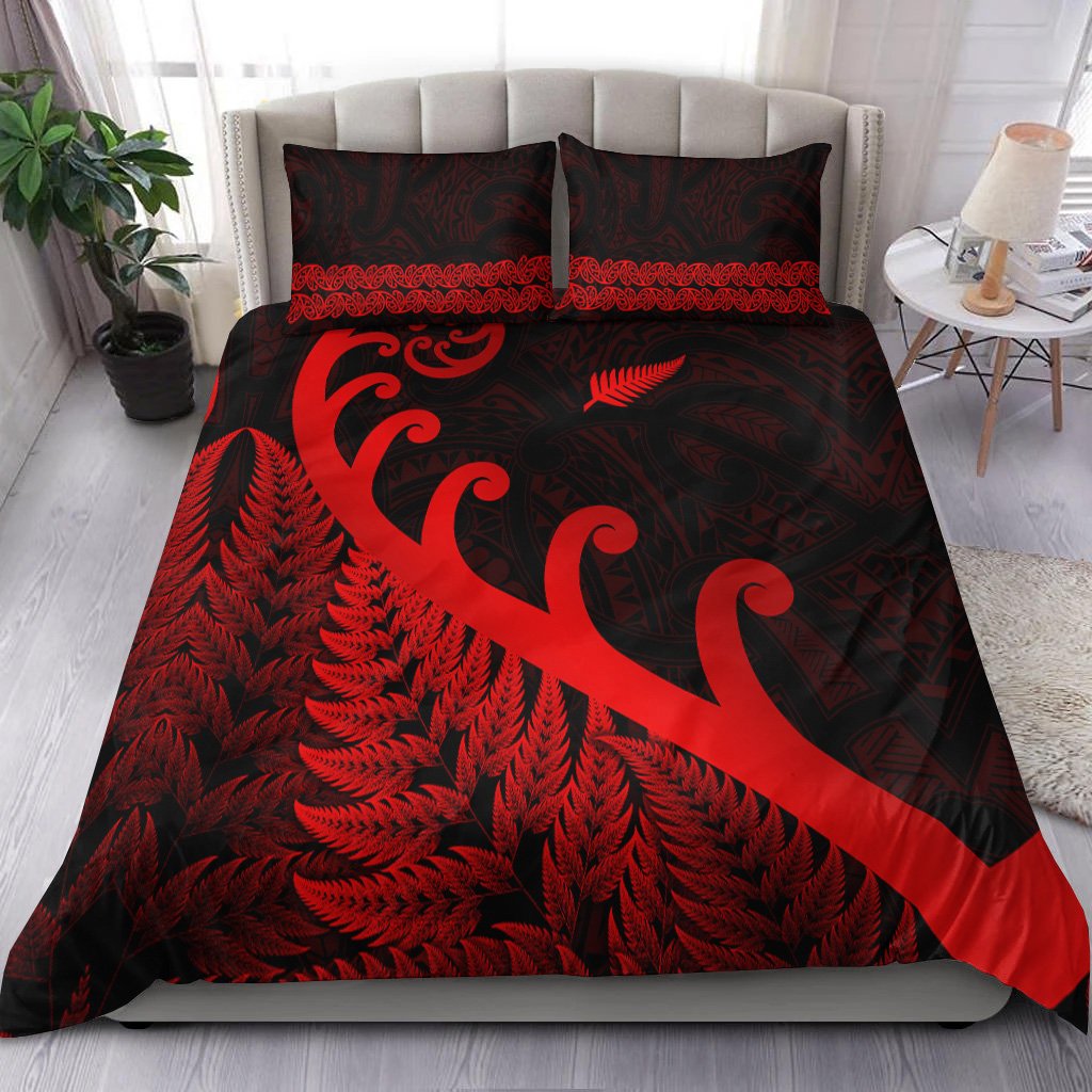 New Zealand Rugby Maori Bedding Set Silver Fern Koru Vibes Red