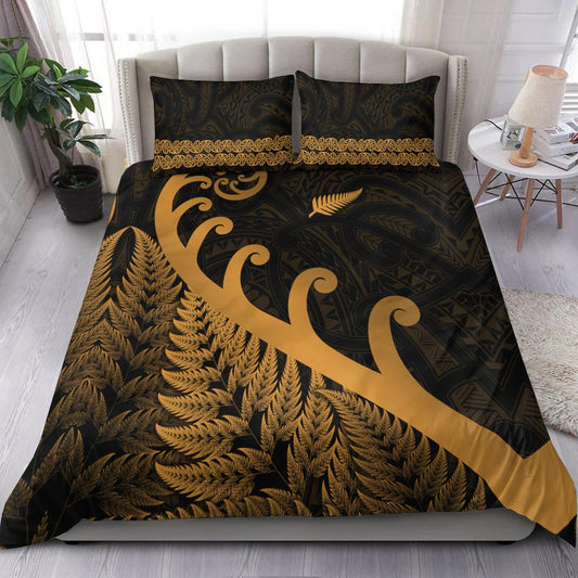 New Zealand Rugby Maori Bedding Set Silver Fern Koru Vibes Gold