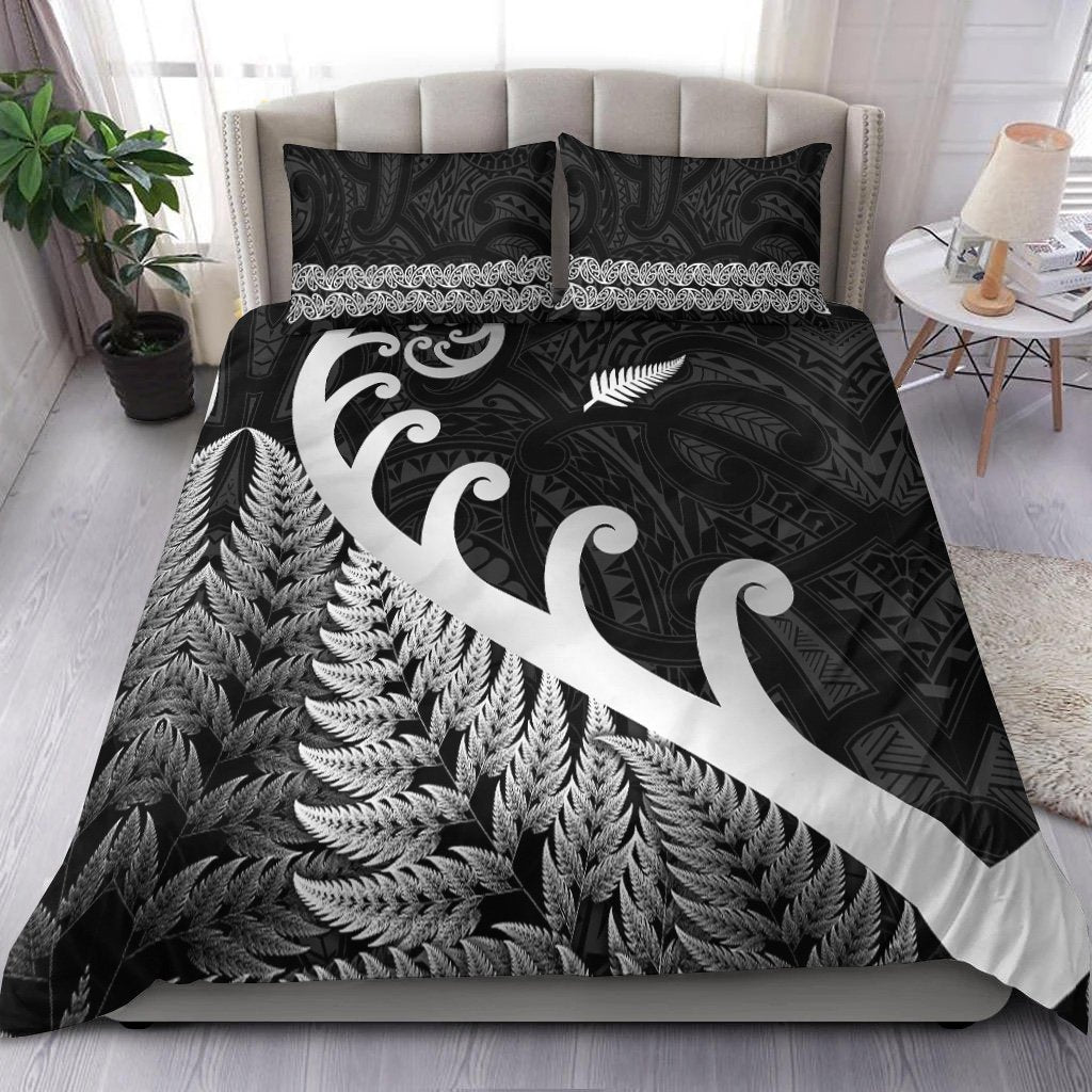 New Zealand Rugby Maori Bedding Set Silver Fern Koru Vibes Black
