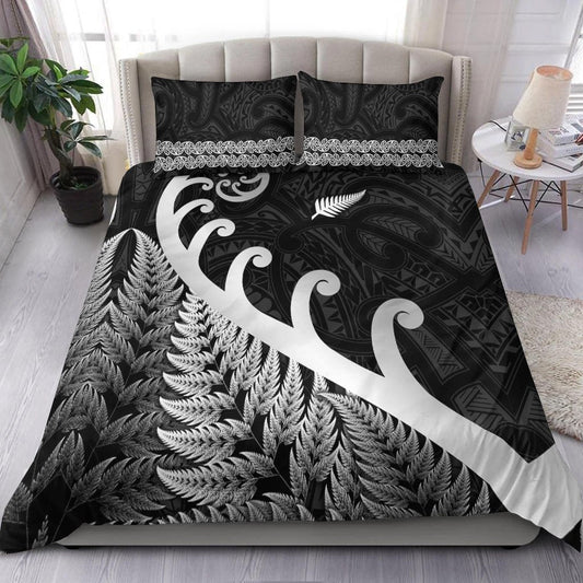 New Zealand Rugby Maori Bedding Set Silver Fern Koru Vibes Black
