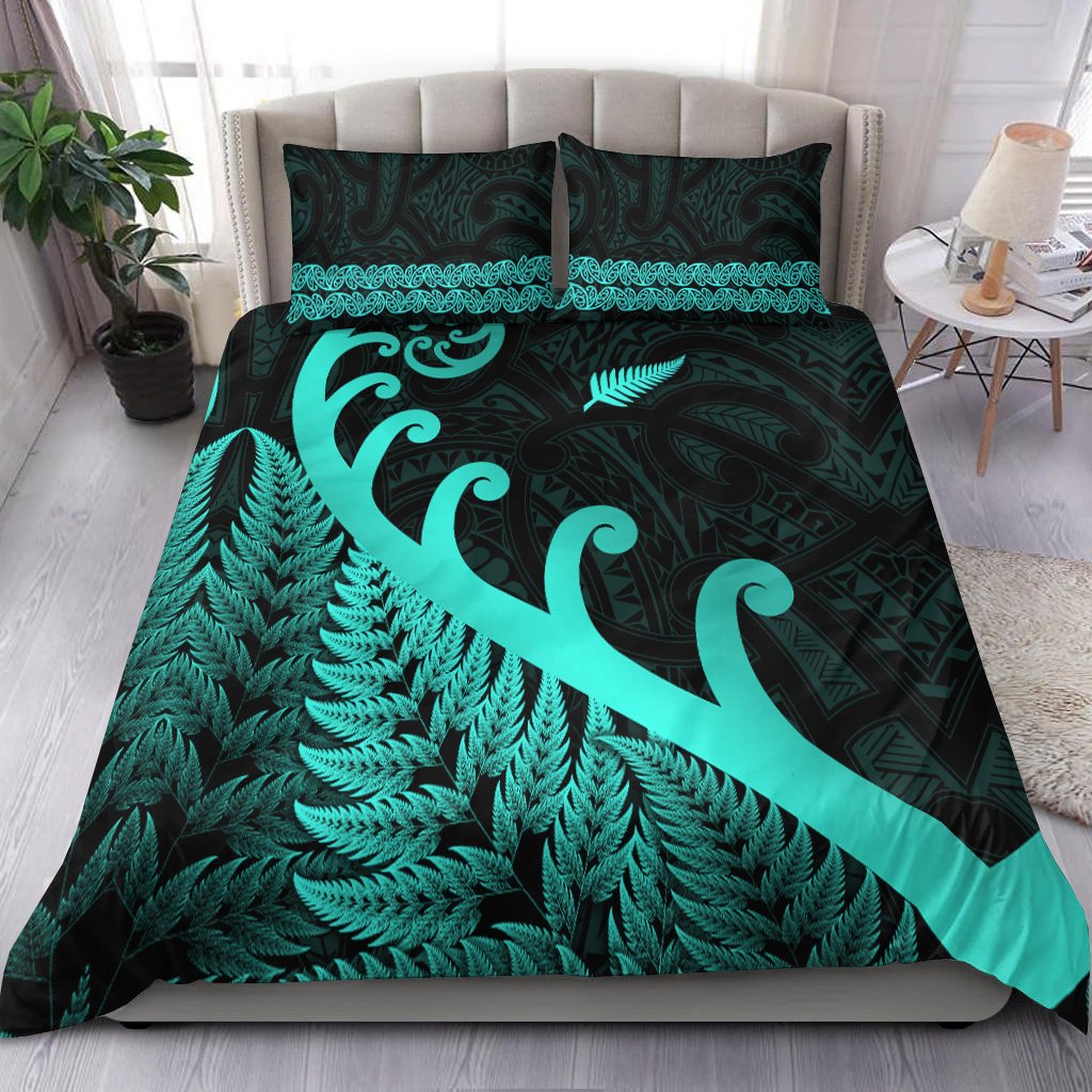 New Zealand Rugby Maori Bedding Set Silver Fern Koru Vibes Turquoise