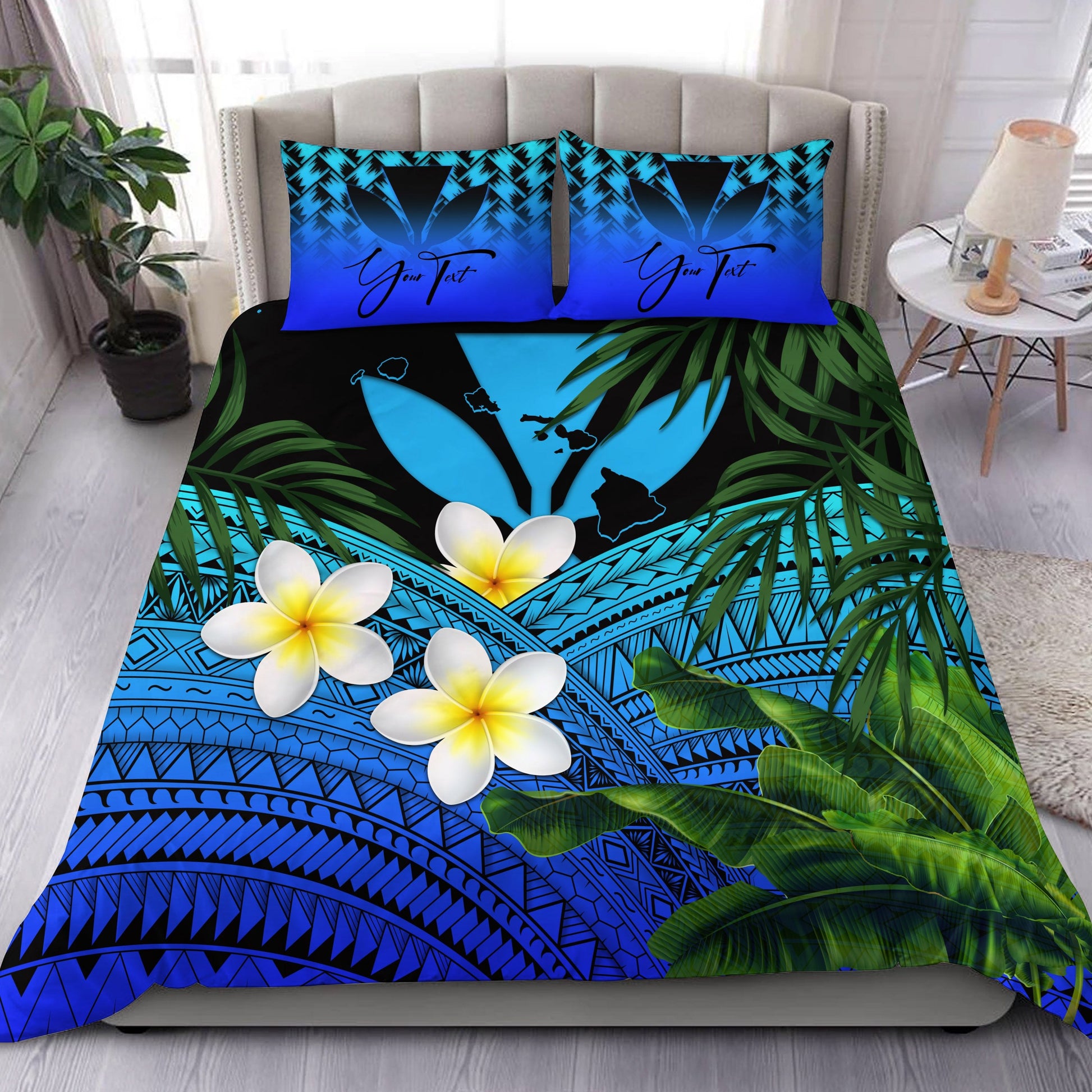 (Custom) Kanaka Maoli (Hawaiian) Bedding Set, Polynesian Plumeria Banana Leaves Blue Personal Signature