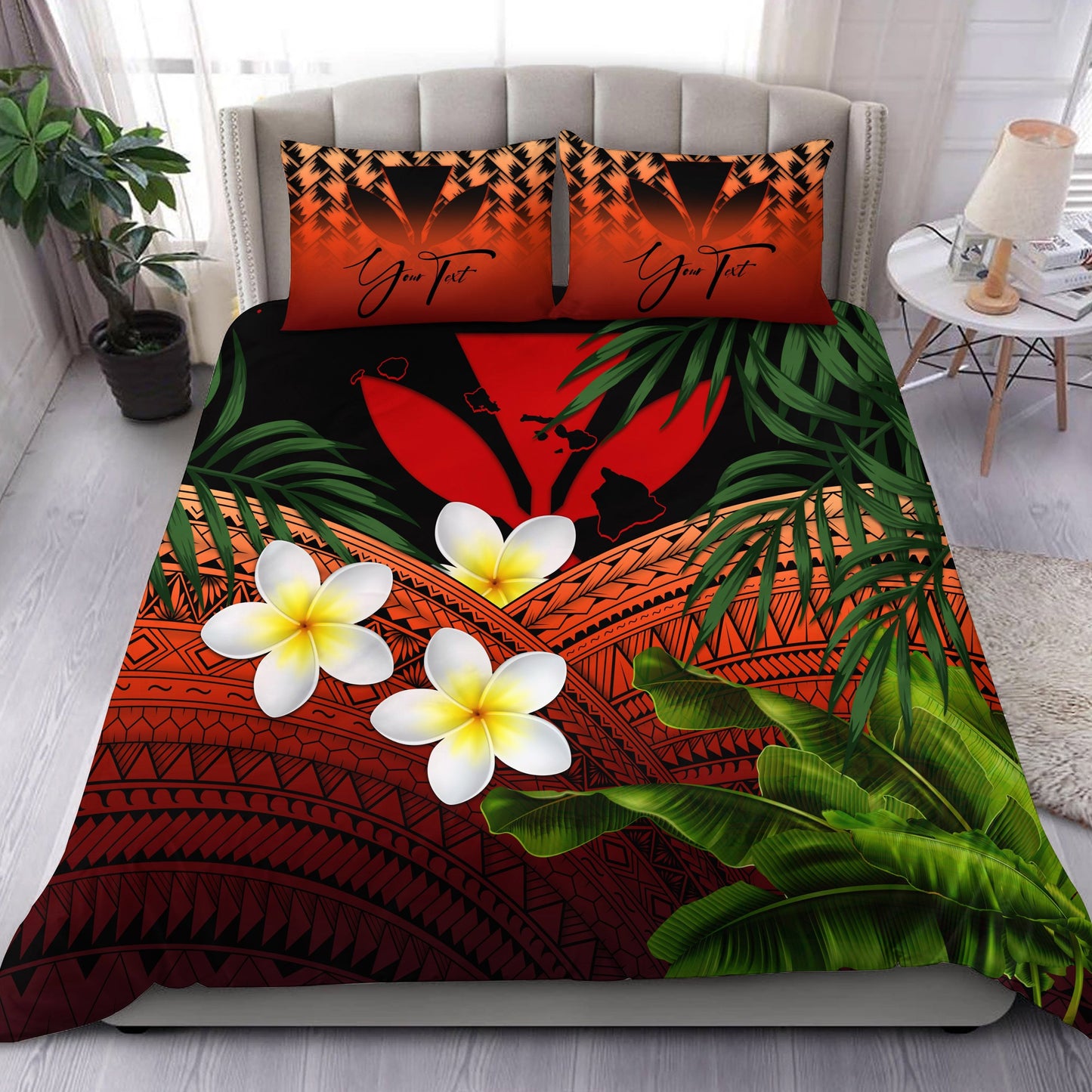 (Custom) Kanaka Maoli (Hawaiian) Bedding Set, Polynesian Plumeria Banana Leaves Red Personal Signature