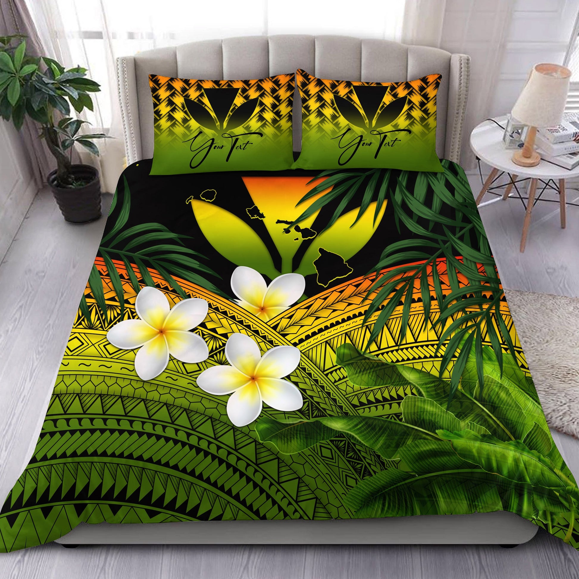 (Custom) Kanaka Maoli (Hawaiian) Bedding Set, Polynesian Plumeria Banana Leaves Reggae Personal Signature