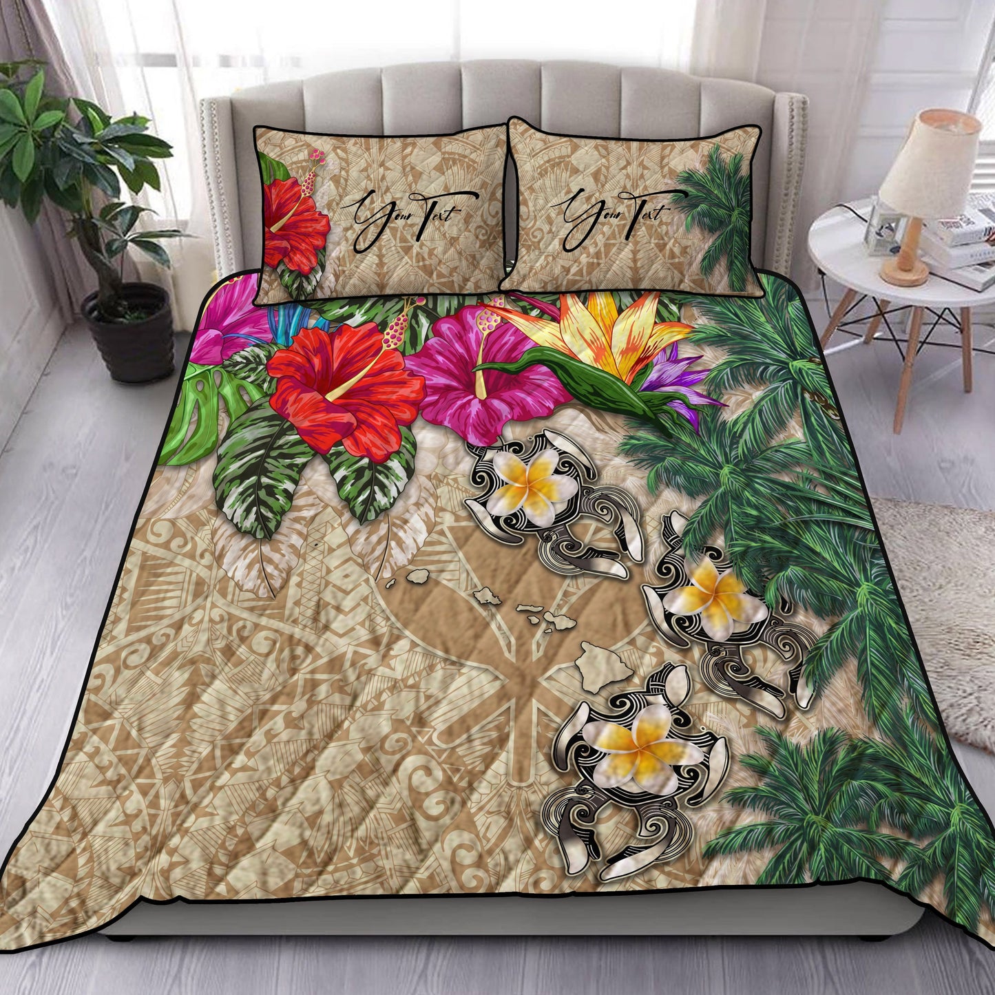 (Custom) Kanaka Maoli (Hawaiian) Quilt Bed Set Hibiscus Turtle Tattoo Beige Personal Signature