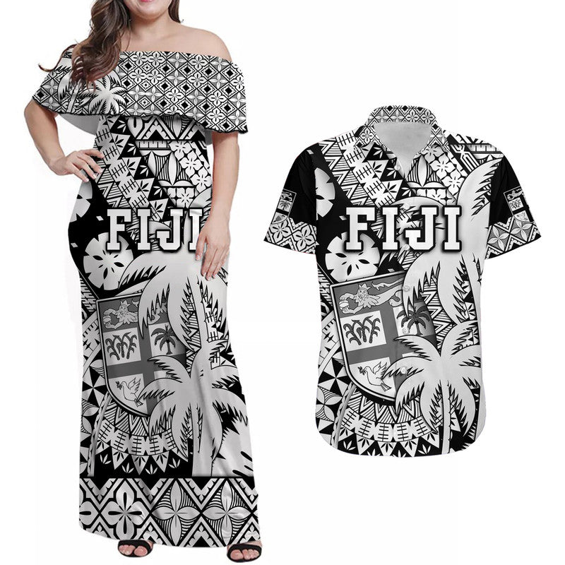Matching Outfits For Couples Fiji Coat Of Arms Combo Dress and Hawaiian Shirt Masi Tapa Mixed Palm Tree No1 Black Version