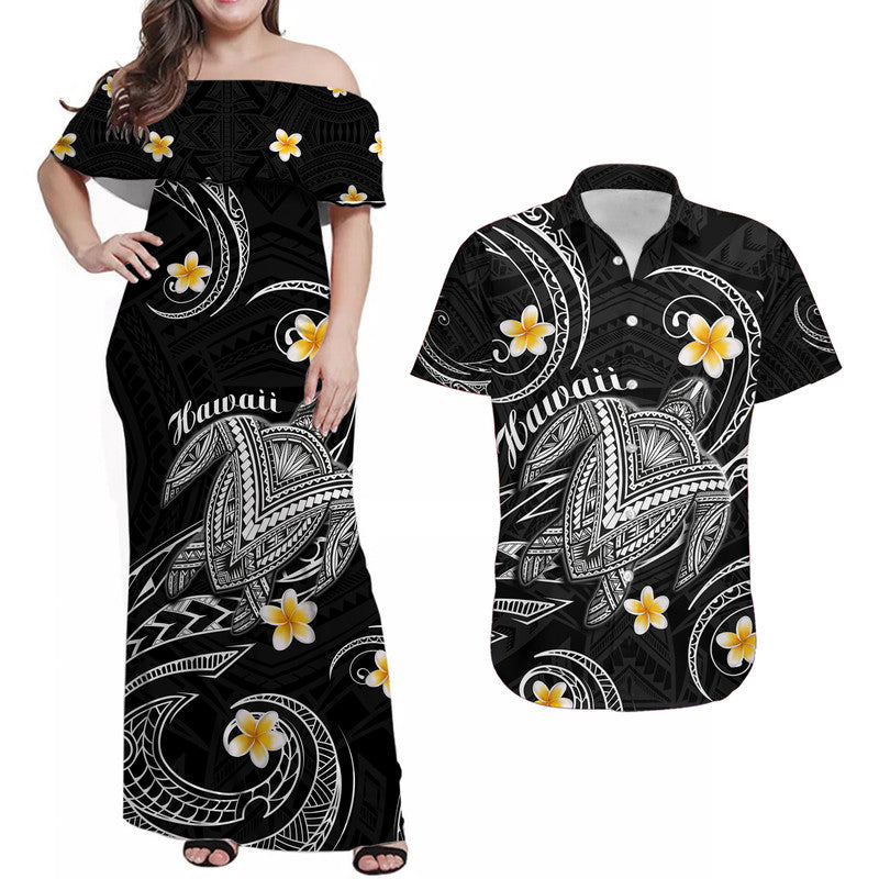Matching Couple Hawaiian Outfits Hawaiian Turtle Plumeria Mixed Polynesian Tribal Black Dress and Hawaiian Shirt Style