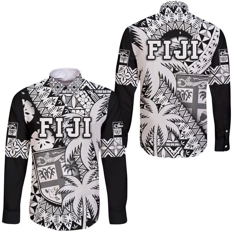 Fiji Coat Of Arms Hawaii Long Sleeve Button Shirt Masi Tapa Mixed Palm Tree No1 Black Version