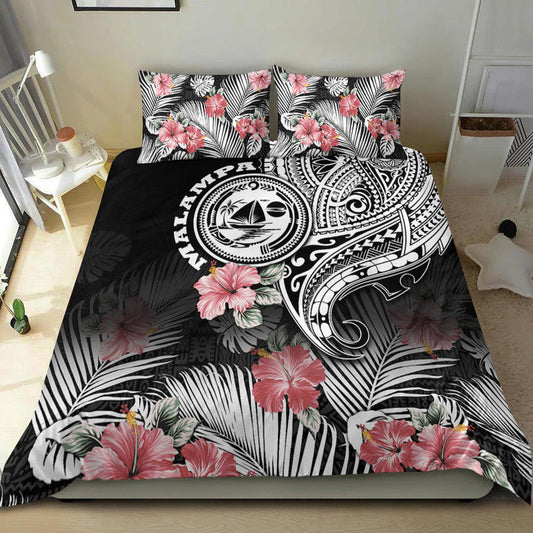 Vanuatu Malampa Province Bedding Set Hibiscus Tribal Polynesian Tattoo Ver Black