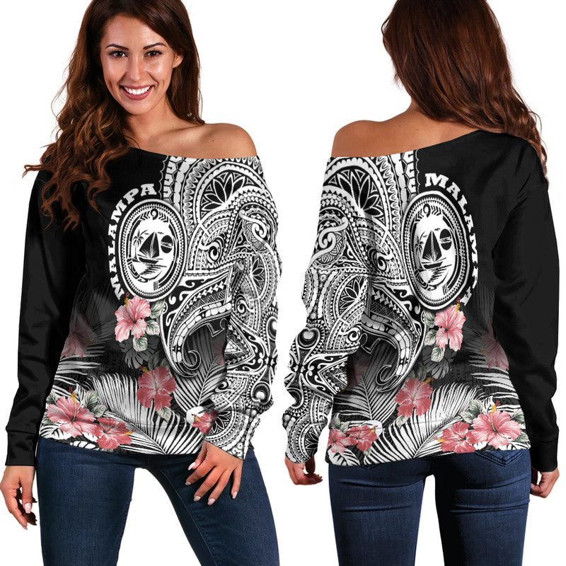 Vanuatu Malampa Province Women Off Shoulder Sweater Hibiscus Tribal Polynesian Tattoo Ver Black