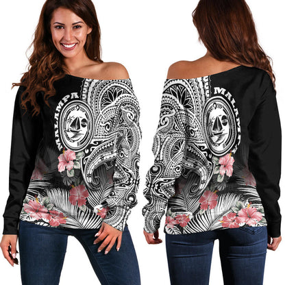 Vanuatu Malampa Province Women Off Shoulder Sweater Hibiscus Tribal Polynesian Tattoo Ver Black