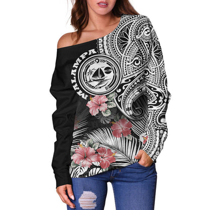 Vanuatu Malampa Province Women Off Shoulder Sweater Hibiscus Tribal Polynesian Tattoo Ver Black