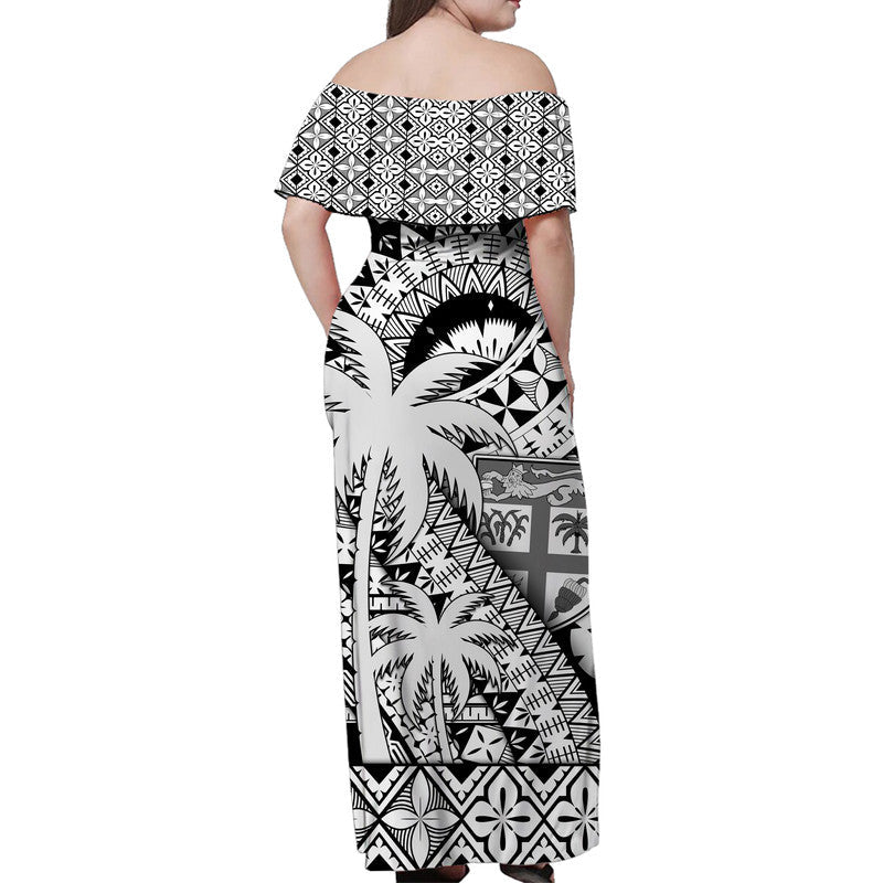 Fiji Coat Of Arms Women Off Shoulder Long Dress Masi Tapa Mixed Palm Tree No1 Black Version
