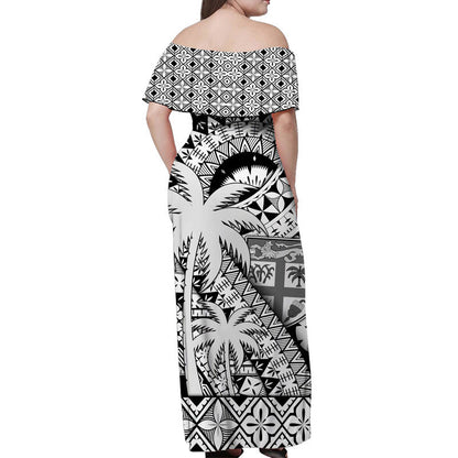 Fiji Coat Of Arms Women Off Shoulder Long Dress Masi Tapa Mixed Palm Tree No1 Black Version