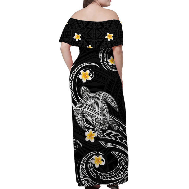 Hawaii Women Off Shoulder Long Dress Hawaiian Turtle Plumeria Mixed Polynesian Black Style