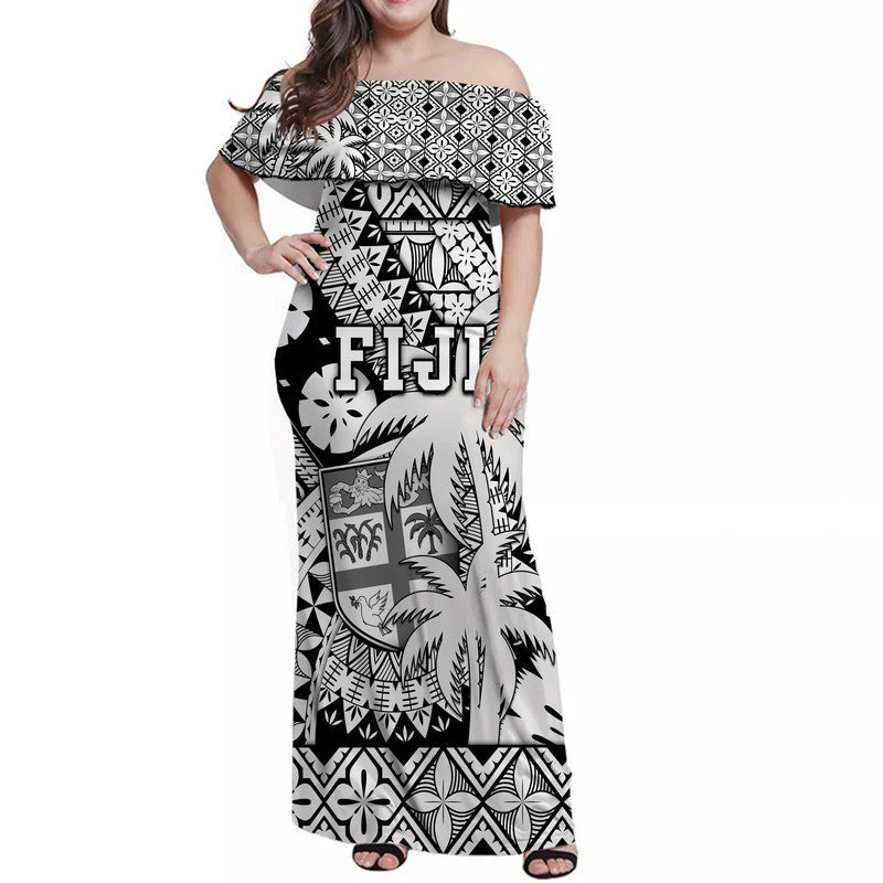 Fiji Coat Of Arms Women Off Shoulder Long Dress Masi Tapa Mixed Palm Tree No1 Black Version