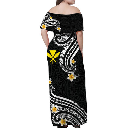Hawaii Women Off Shoulder Long Dress Black Polynesian Line Style